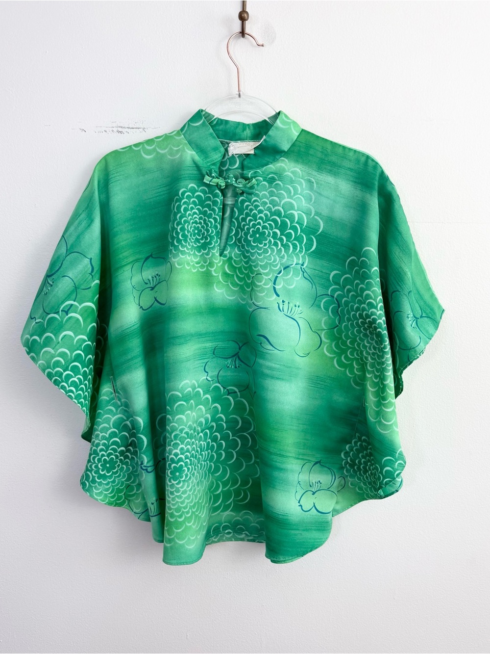 Vintage Hawaiian Palm Green Floral Kimono Sleeve Dolman Blouse S/M